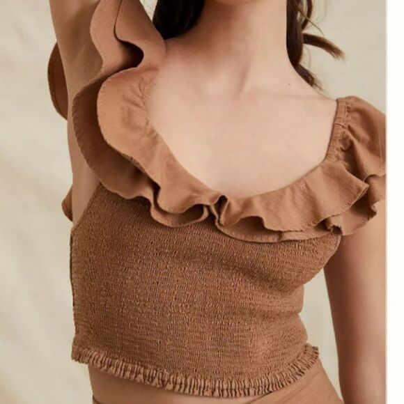 MAEVE Anthropologie ruffled neckline crop top caramel color size 12 NWT - Picture 3 of 9